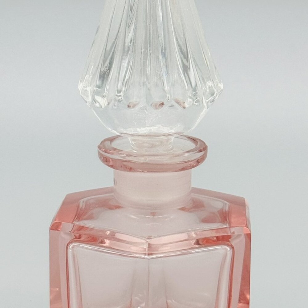 Pink Glass Hexagonal Perfume Bottle Clear Diamond‎ Shaped Stopper Czech 5 inch